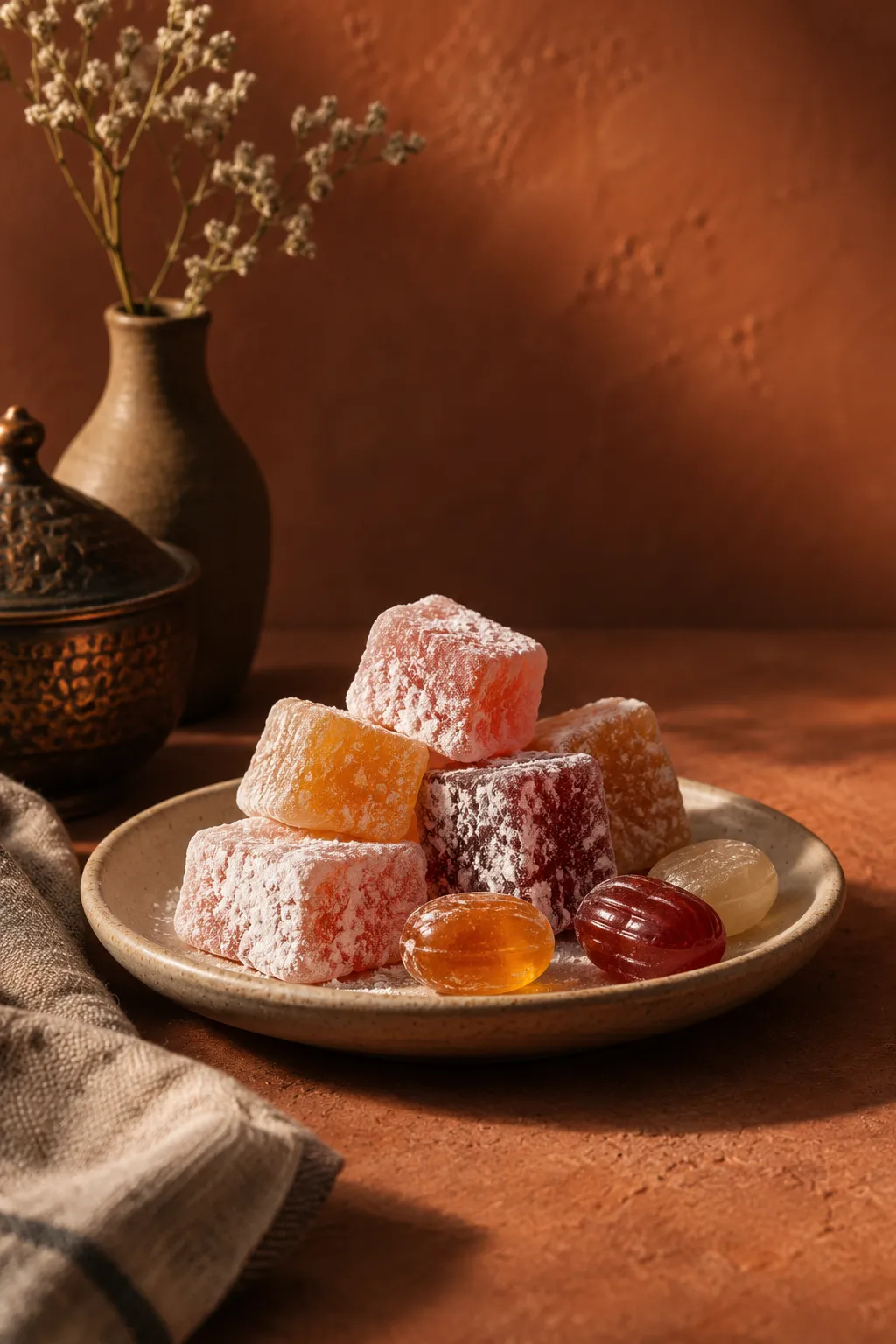 Lokum cubes dusted with powdered sugar and hard-boiled sweets on a plate