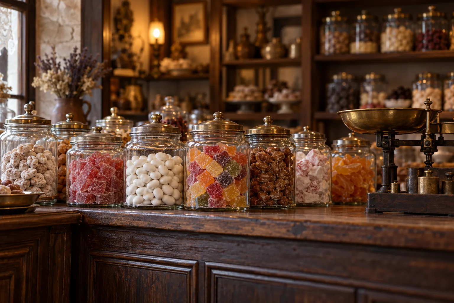 Glass jars of loose sweets and a brass scale on a shop counter