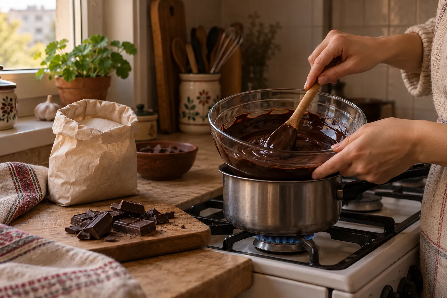 Hands stirring melted chocolate in a glass bowl in a home kitchen