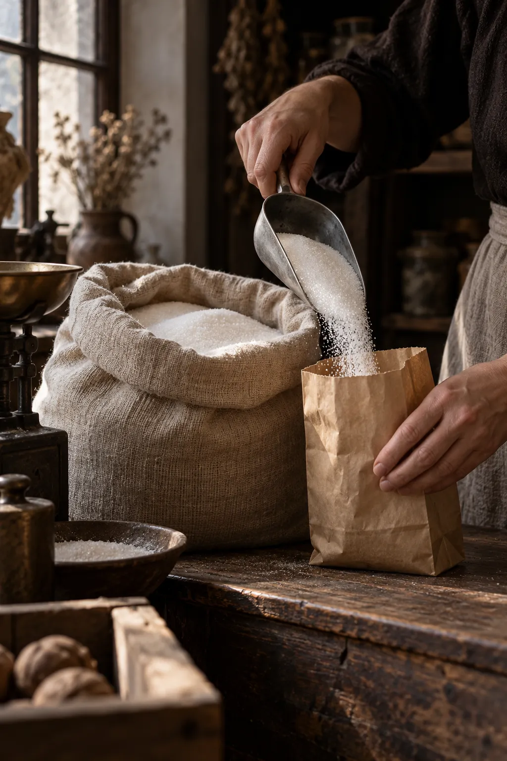Hands pouring sugar from a linen sack into a small paper bag