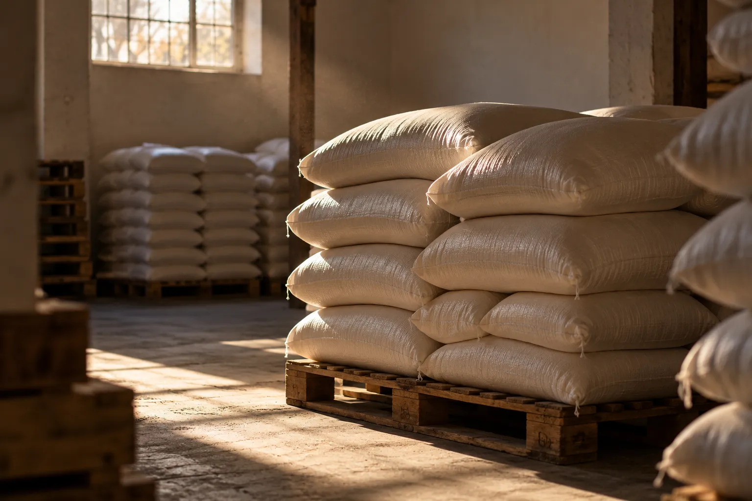 Plain white sacks of sugar stacked on wooden pallets in a quiet storeroom